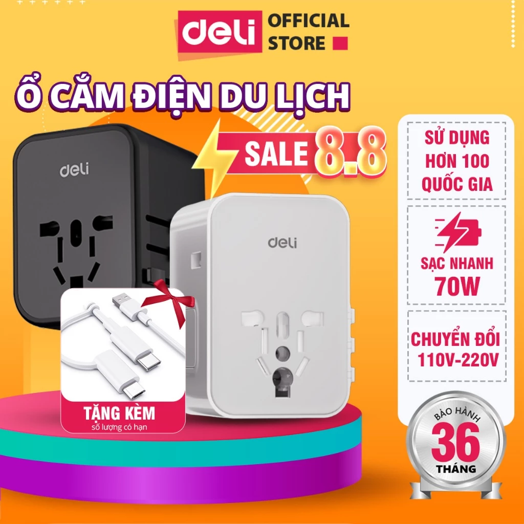 Ổ Cắm Chuyển Đổi Du Lịch Deli Sạc Nhanh 70W Củ Sạc Đa Năng DELI 4 Loại Chân Cắm Chuyển Đổi Dòng Điện