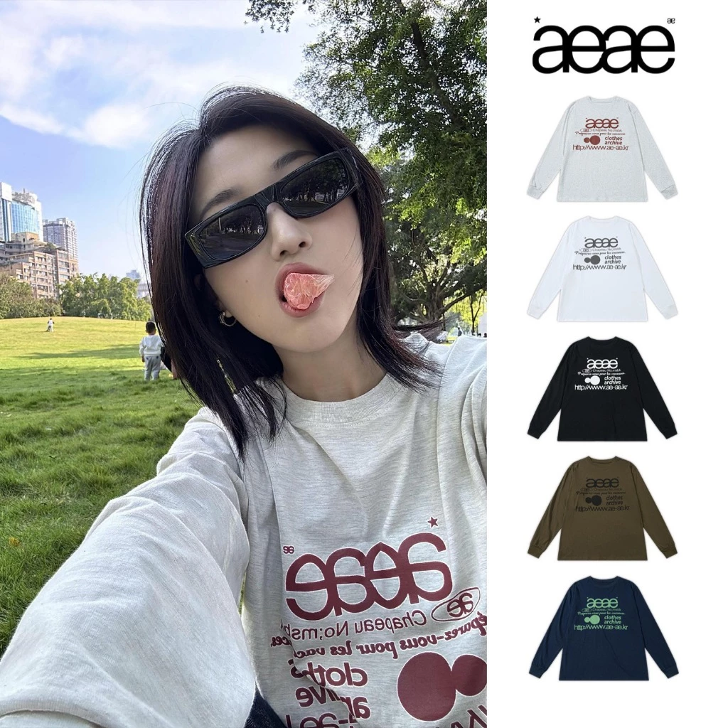 Hàn Quốc mua hộ áo thun dài tay aeae, kiểu mới nhất của nữ vào đầu thu, cổ tròn rộng thùng thình, chữ cái in hoa, áo đôi