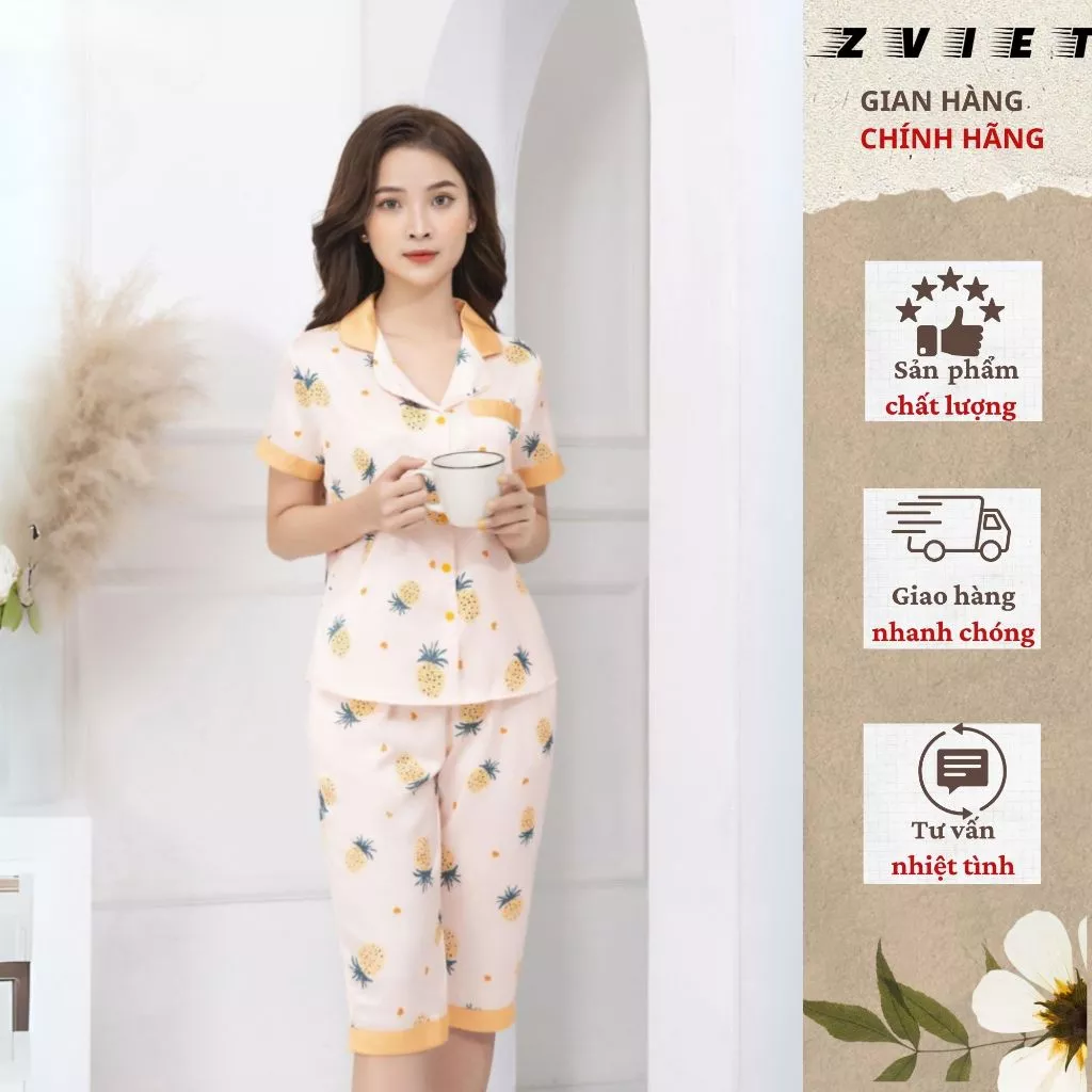 Bộ pijama lụa Latin cao cấp mặc nhà quần lửng Zviet mát mẻ họa tiết sang trọng thanh lịch L12