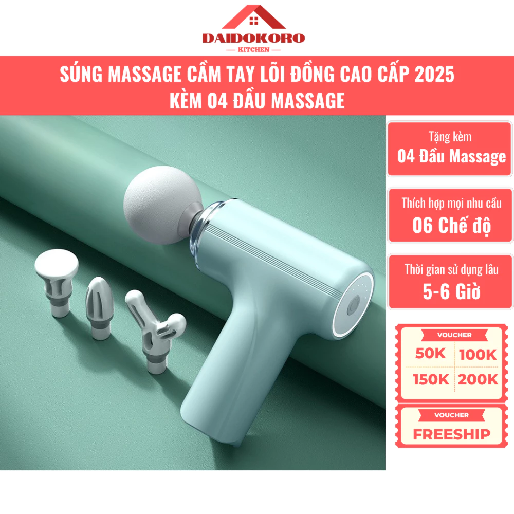 Máy Massage Cầm Tay, Súng Massage 4 Đầu 6 Chế Độ Giảm Cơ Căng Cơ Trị Nhức Mỏi Vai Gáy
