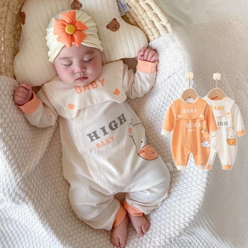 Bodysuit kèm yếm cho bé trai bé gái từ sơ sinh tới 12 tháng Body dài tay thu đông cho bé Áo liền quần trẻ sơ sinh SLT194