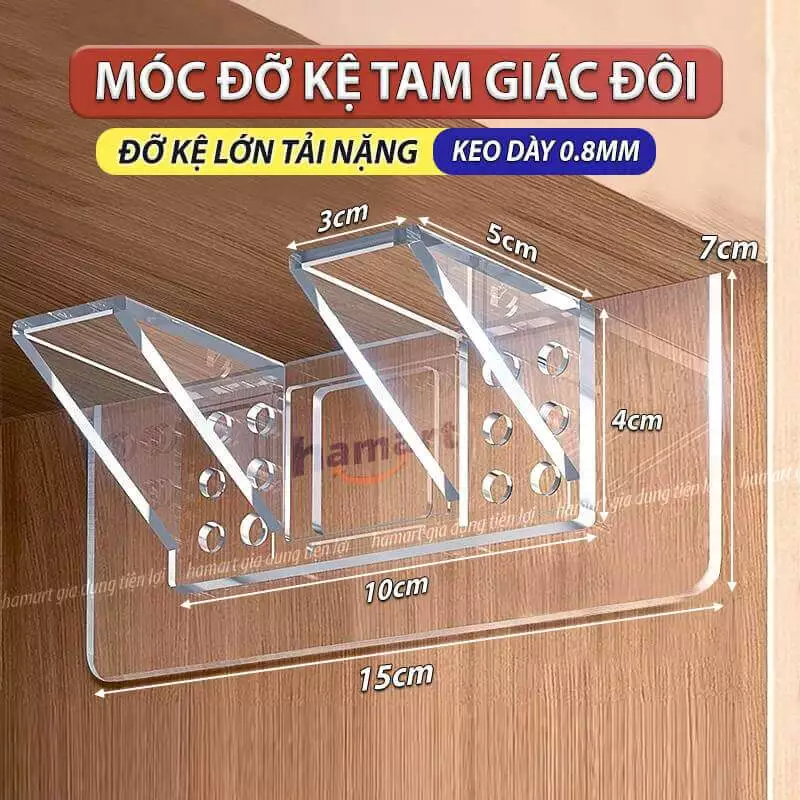 Móc Tam Giác Đôi Đỡ Kệ Gỗ Lớn Kê Giá Chia Ngăn Tủ Quần Áo Vách Nhựa Bếp Ke Góc L Dán Tường Siêu Dính