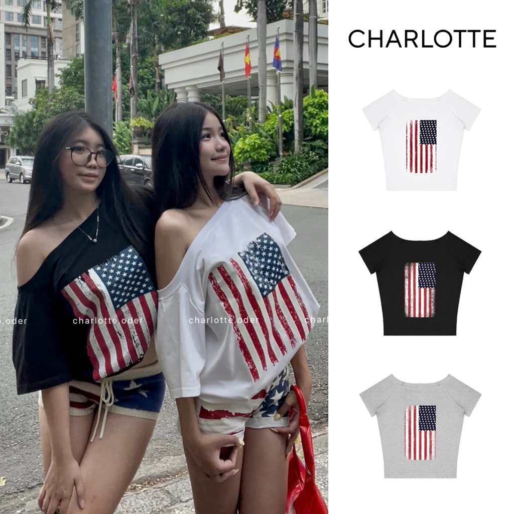 𝐂𝐡𝐚𝐫𝐥𝐨𝐭𝐭𝐞.𝐨𝐝_ Áo Thun Lệch Vai Ngắn Tay In Hình Lá Cờ Phong Cách Cá Tính Dáng Rộng