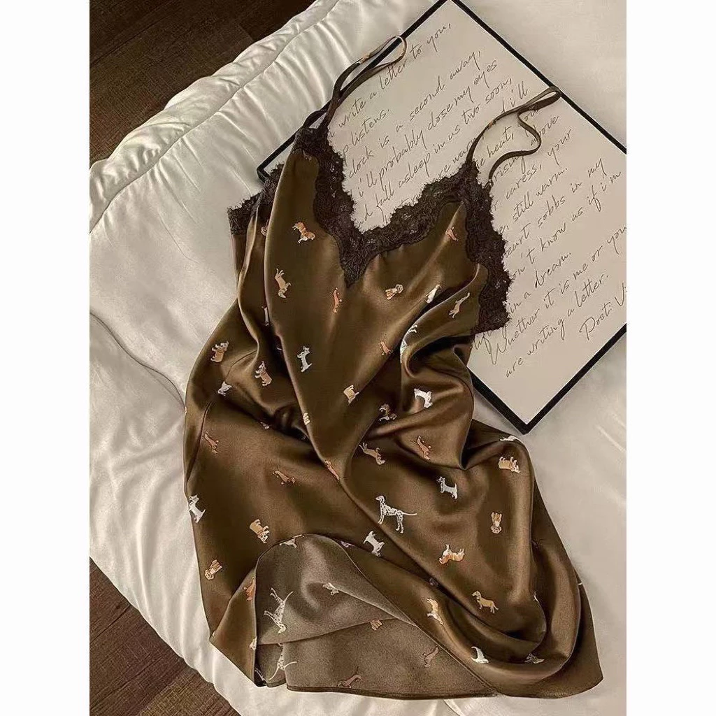 [457] Đầm váy ngủ hai dây cho nữ chất lụa satin mềm mát thoải mái, phối ren sexy gợi cảm màu Nâu sáng da mềm nhẹ