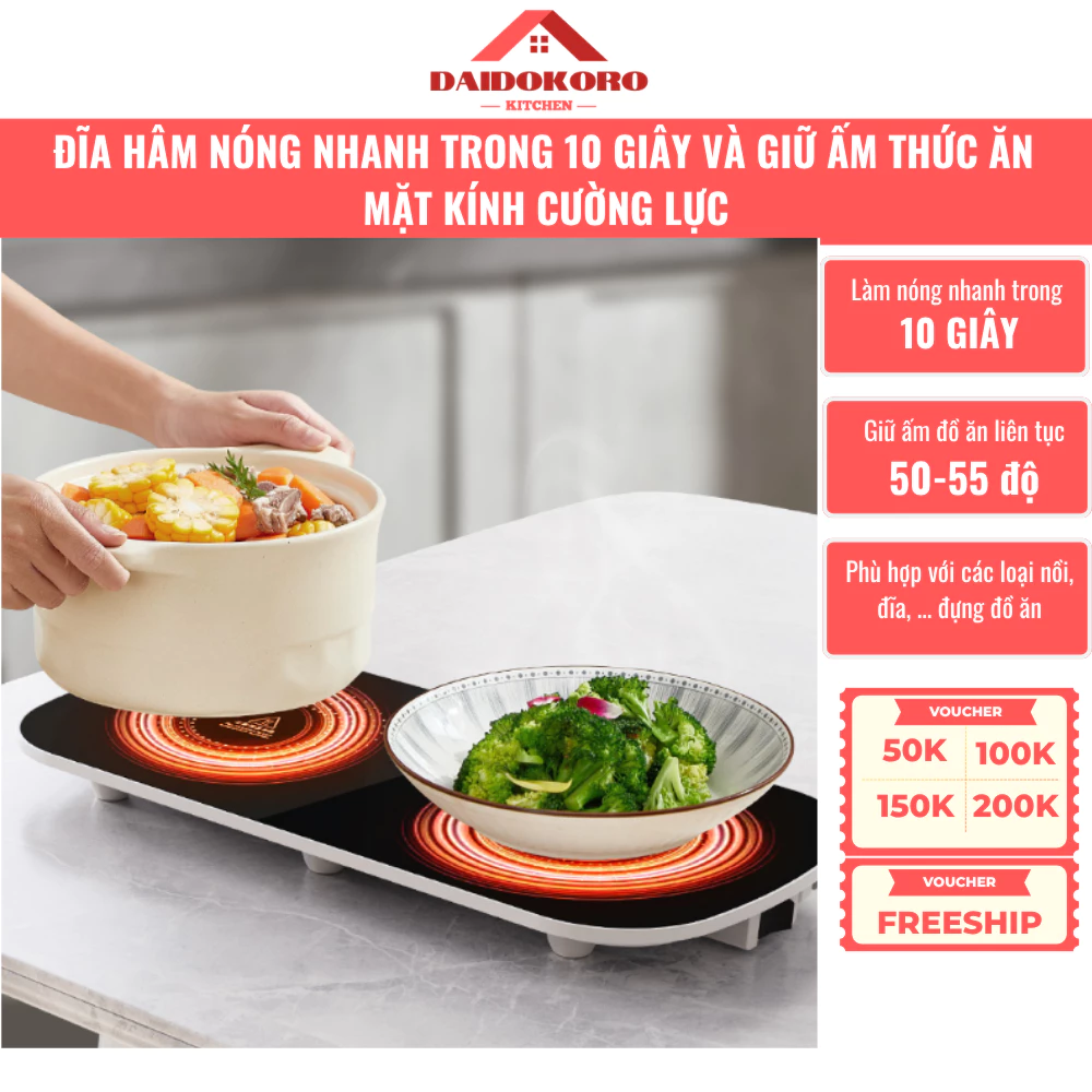 Đĩa Hâm Nóng và Giữ Ấm Thức Ăn Nóng Nhanh Trong 10 Giây Mặt Kính Cường Lực Cao Cấp Dễ Dàng Vệ Sinh