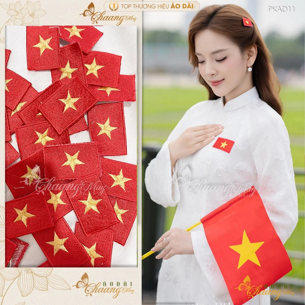 Lá cờ đỏ sao vàng tổ quốc Việt Nam thêu sẵn để đính lên quần áo dài cách tân nữ truyền thống nhiều kích thước PKAD11