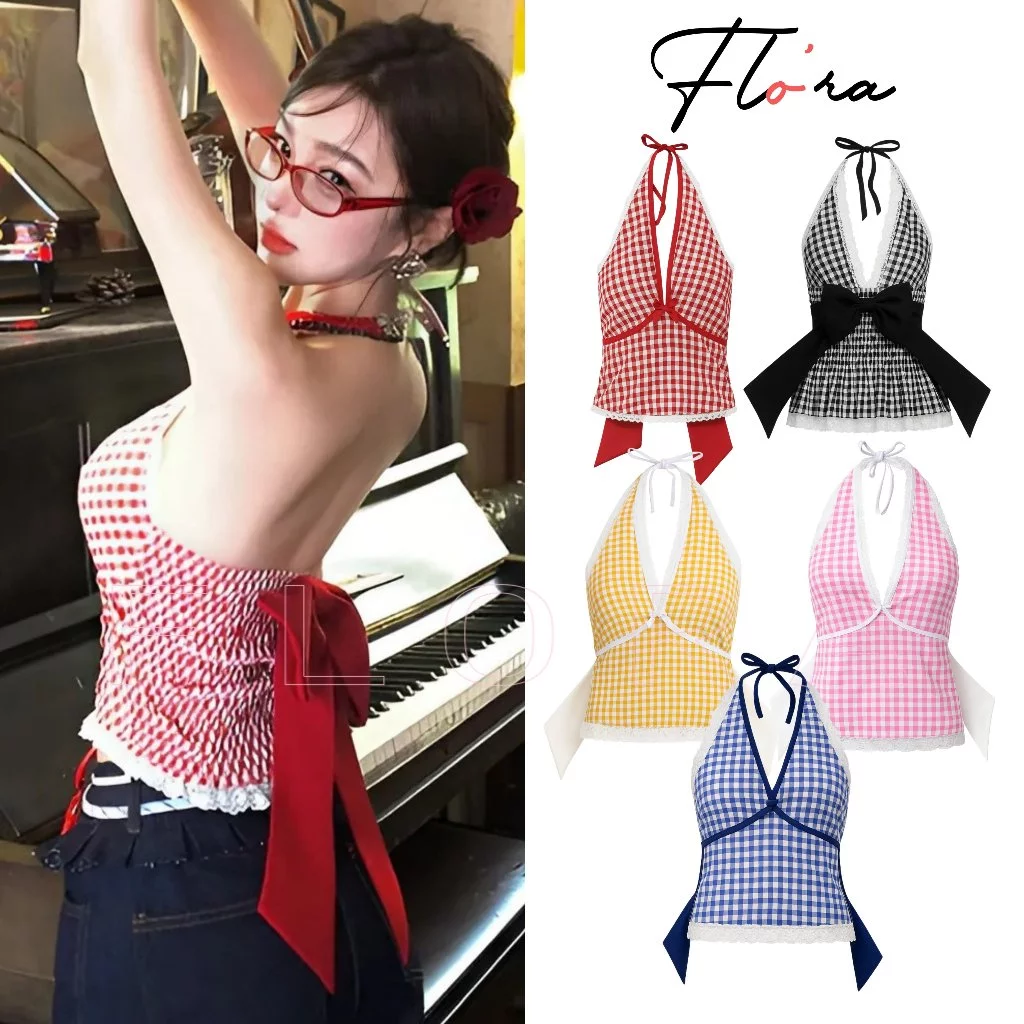 [XẢ HÀNG] Áo Croptop YẾM CARO PHỐI VIỀN REN ĐÍNH NƠ To Thun Kate BM11, Áo Hai Dây Cổ V Ôm Body Kiểu Sexy Nữ Flo'ra