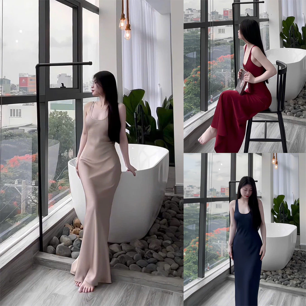 Đầm Lụa Cổ U Dây Mảnh Form Dài,Váy Lụa Hàn Châu 1 Lớp Không Mút,Không Dây Kéo Tôn Dáng