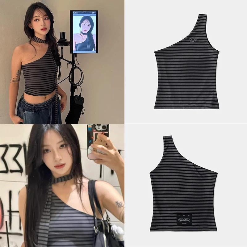 Hàn Quốc badblood babes sọc sling tank cho phụ nữ nhỏ người Mỹ cổ điển hiển thị gầy sexy thêu hàng đầu ướt ruy băng