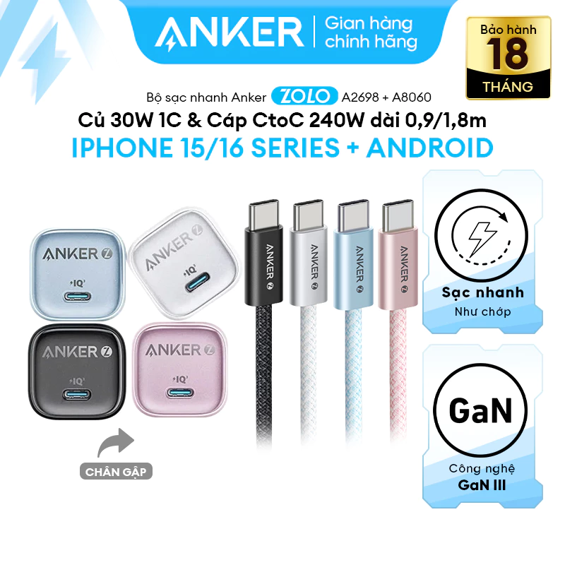 [LIVE] Combo sạc nhanh Anker Zolo 30W [cho iPhone 15/16 series] - Củ 30W 1C & Cáp CtoC 240W - A2698+A8060