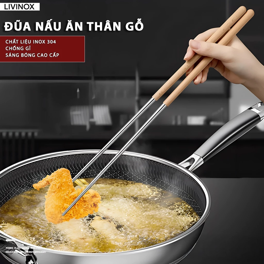 Đũa Nấu Ăn Dài Inox 304 LIVINOX Đũa Inox 304 Cán Gỗ Hạn Chế Nóng, Han Gỉ, Tiện Lợi Dễ Dàng Sử Dụng Khi Chiên Rán Xào Nấu