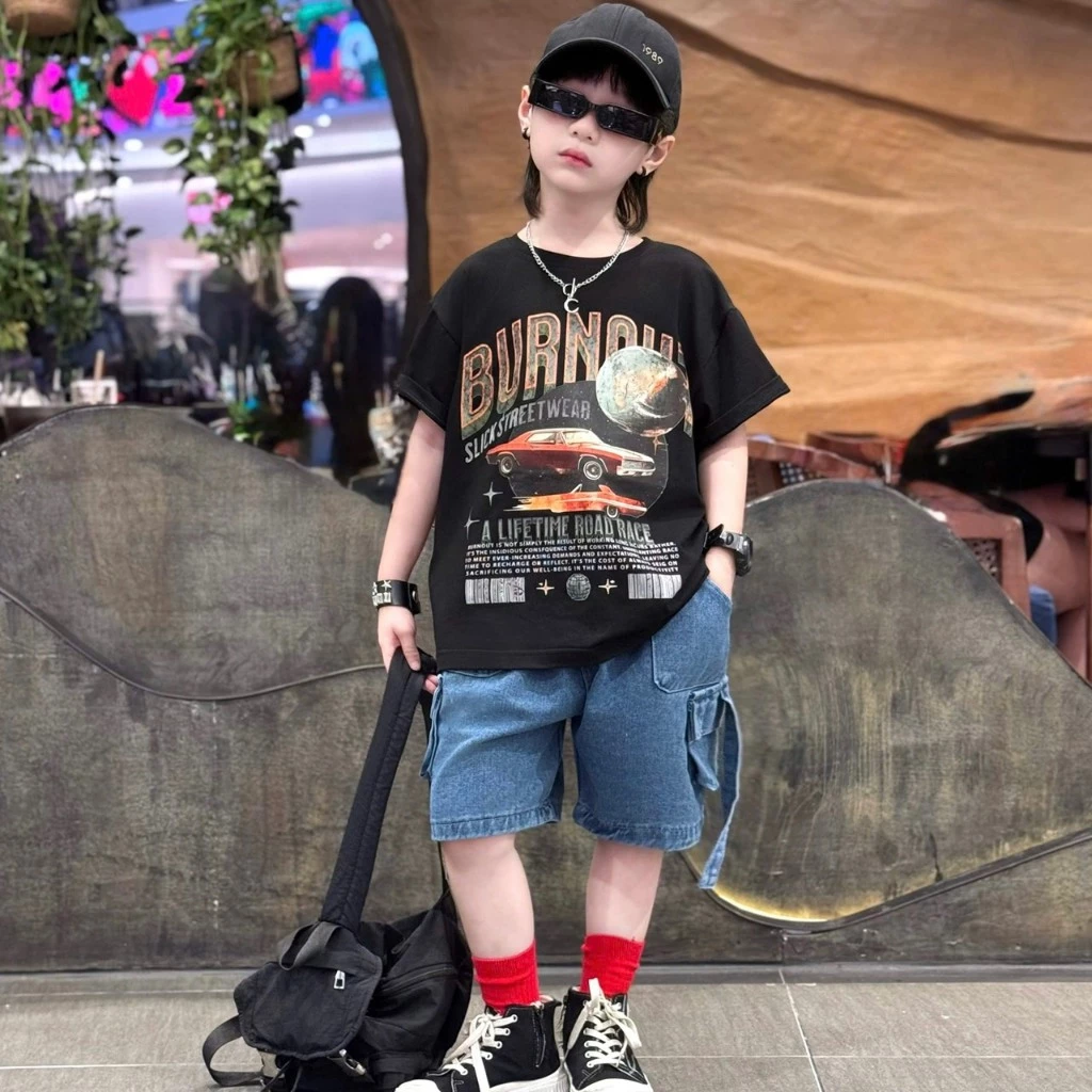 |Tiến Yến Kids|Set đồ bé trai Streetwear– áo thun in xe cá tính + quần short jean túi hộp |12–45kg|
