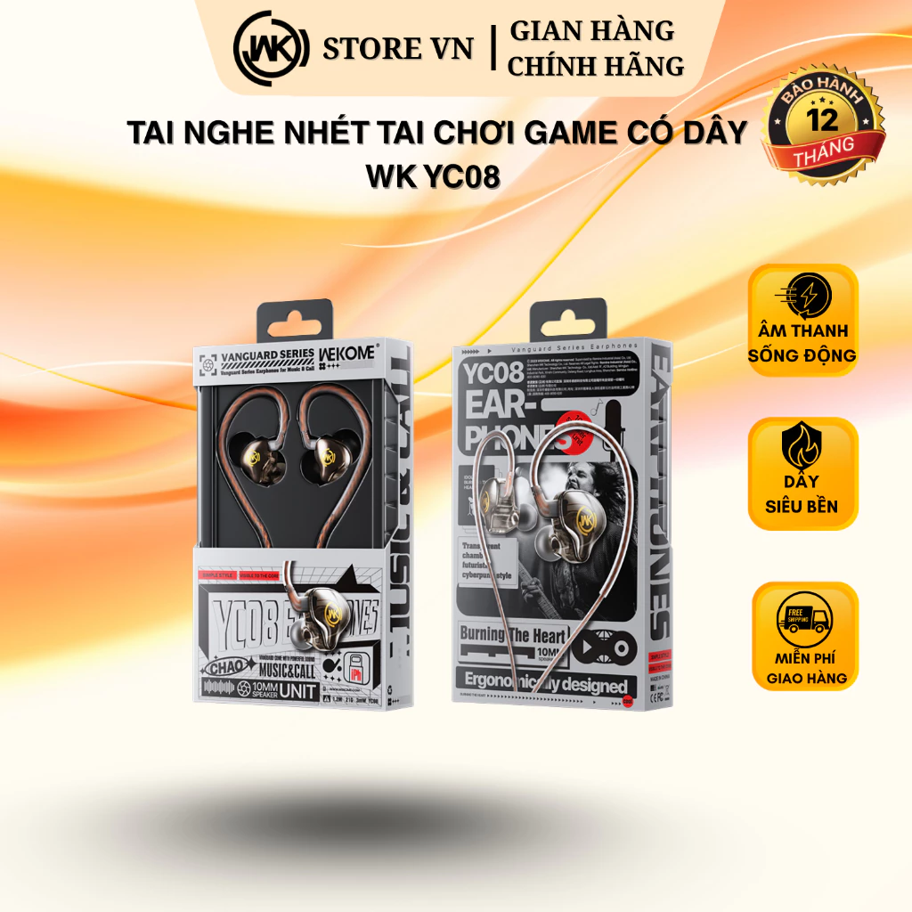[CHÍNH HÃNG] Tai nghe nhét tai có dây WK YC08 Chống Ồn Cực Tốt, Âm Thanh Super Bass, Có Mic, Jack căm Type C/3.5/