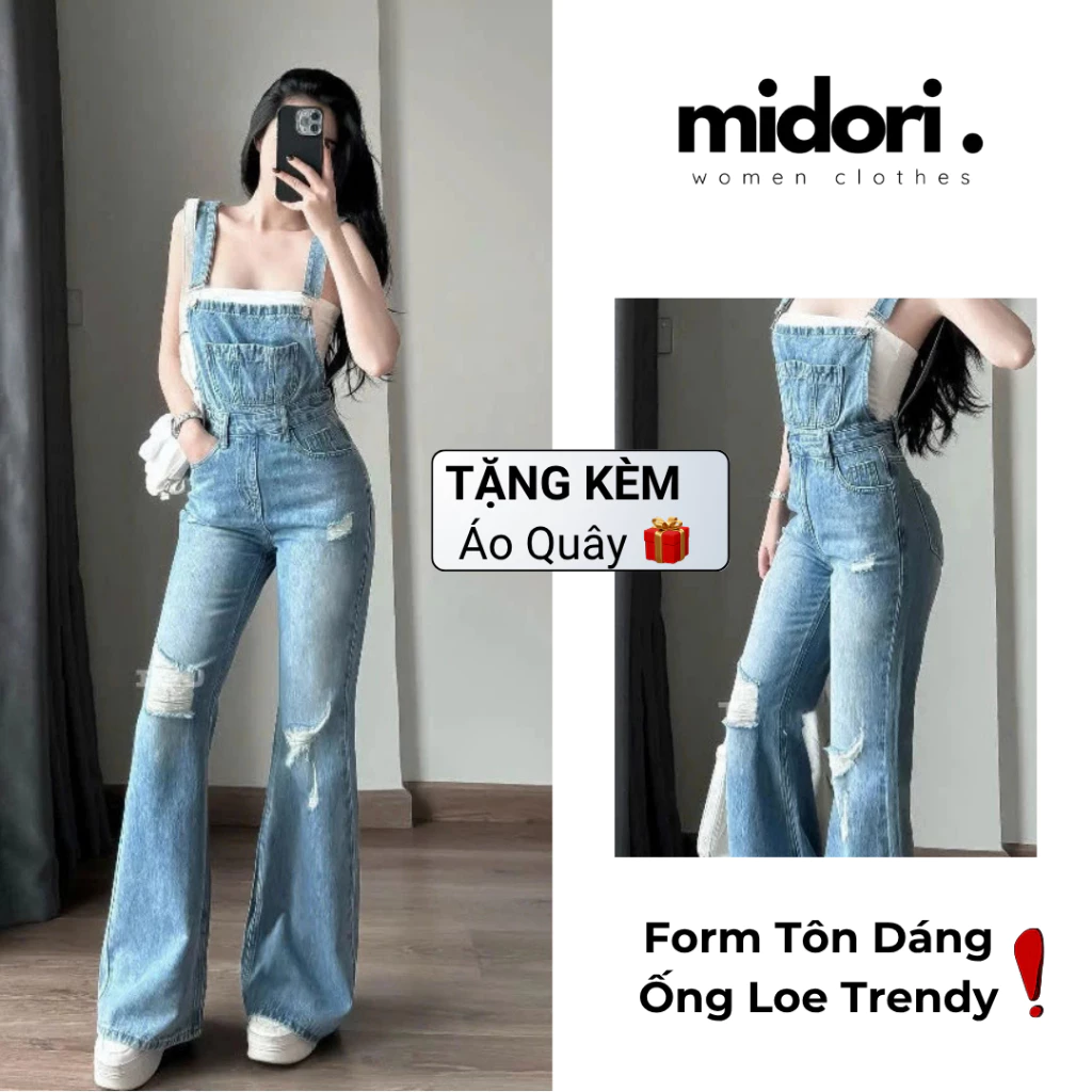 Quần Yếm Loe Rách Gối Denim Nữ Midori Fashion TẶNG ÁO QUÂY, From Tôn Dáng Phong Cách Hàn Quốc MS30