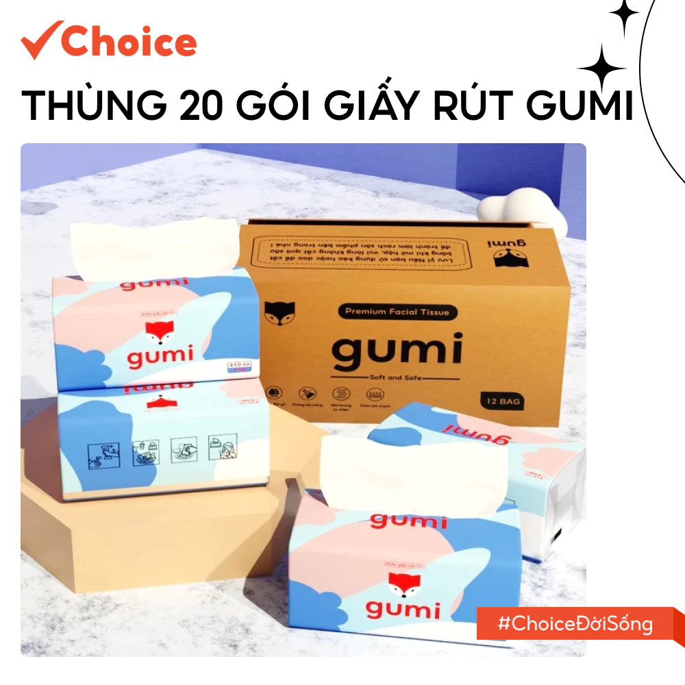 [Choice] Thùng 20 Gói Giấy Rút Gumi GM05 Bản To, 5 Lớp Tiện Lợi, Dai, Mềm Mịn