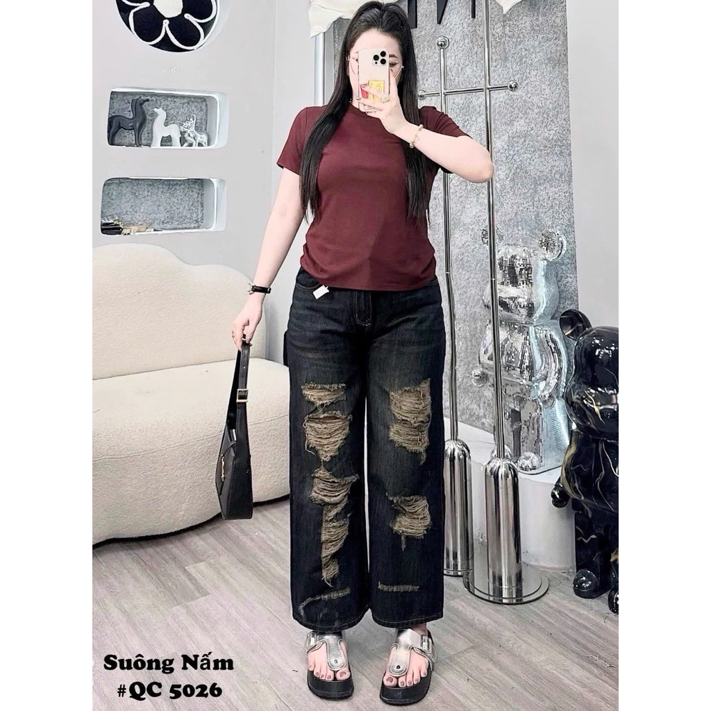 Quần Jean Ống Rộng Nữ Bigsize 55-90kg Form Nấm Dài 97cm Rách Phong Cách Chất Vải QC xịn mịn mướt QC5026