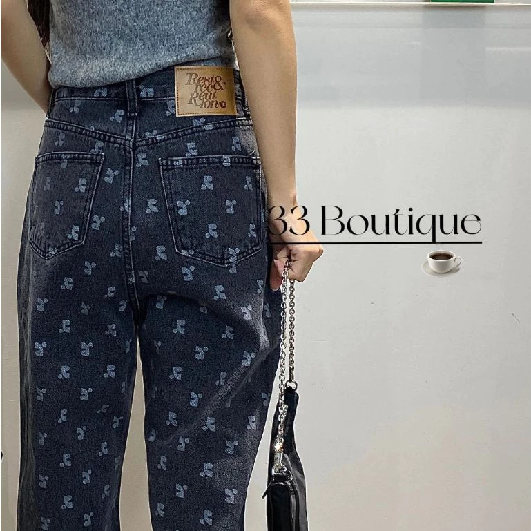 Phụ nữ Hàn Quốc Recreation Quần jean rộng thùng thình quần thẳng ống Jeans in đầy đủ cho phụ nữ RR  Thư in lỏng lẻo hiển