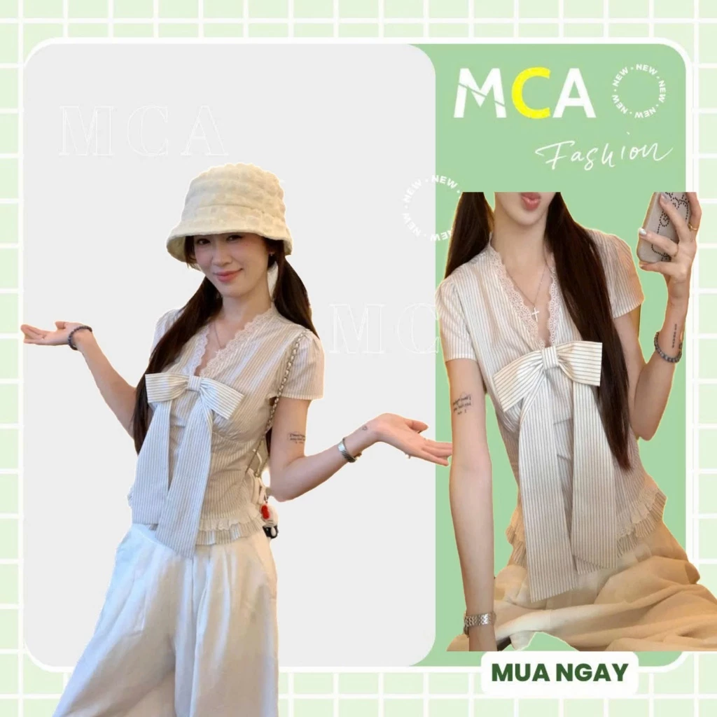 [ Video sp thực tế ] Áo sát nách cổ yếm bèo ren MCA phối nơ kẻ sọc A51405