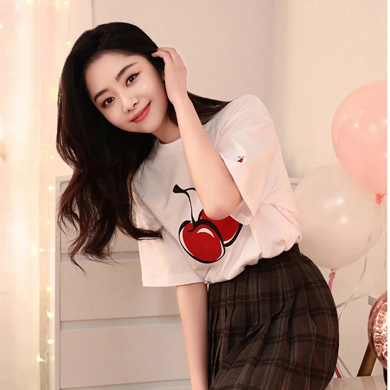 Mua hộ Hàn Quốc kirsh  Cherry ngắn tay áo T Áo thun dễ thương 100 chiếc vòng cổ in áo rộng thùng thình giản dị Hàn Quốc