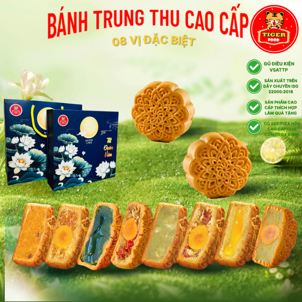 Bánh Trung Thu Cao Cấp TIGER FOOD Bánh Trung Thu 08 Vị - Nhân Thập Cẩm, Trứng Muối, Matcha,Tôm Hùm,Lưu Sa,Rum Nho,Gà Cay