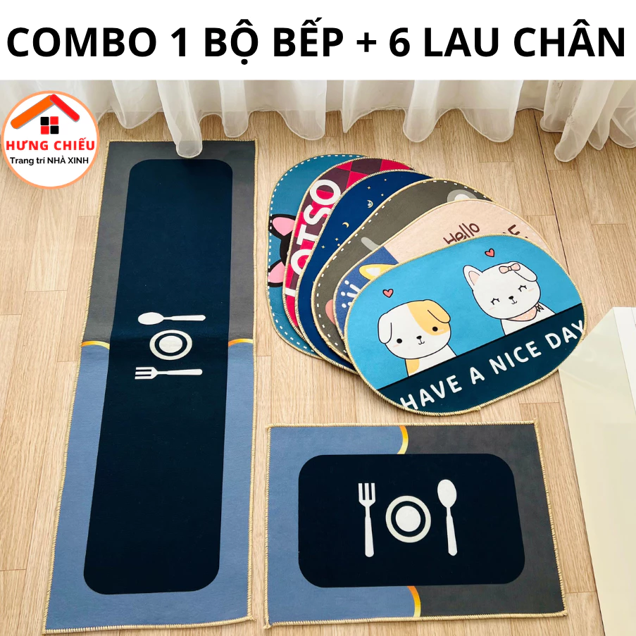 Combo bộ thảm bếp 2 tấm kèm 6 thảm lau chân bầu dục 3D bali nỉ lì trải sàn bếp - Hưng Chiếu ED15