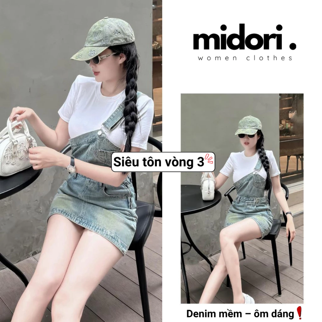 Váy yếm denim lệch vai tôn dáng Midori Fashion, Váy Jeans dáng ngắn Hottrend Hàn Quốc MS23