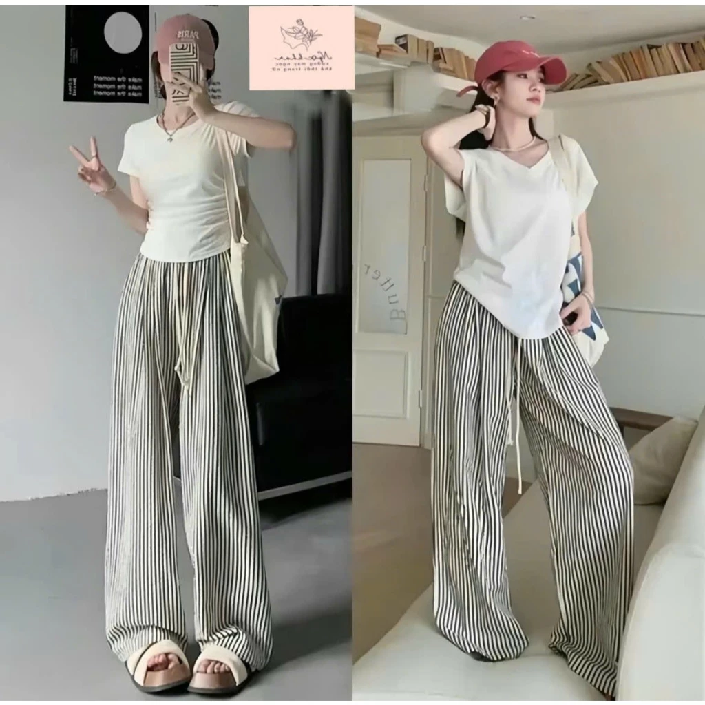 Quần Suông Kẻ Sọc ống rộng cạp chun có dây rút vải form suông che khuyết điểtm tốt siêu đẹp