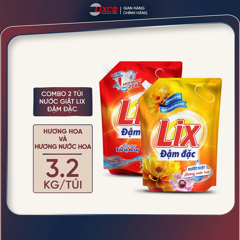 Combo 2 túi nước giặt Lix đậm đặc hương nước hoa và hương hoa 3.2Kg thơm tho khử mùi nấm mốc, NGH47+NG003 Lixco Việt Nam