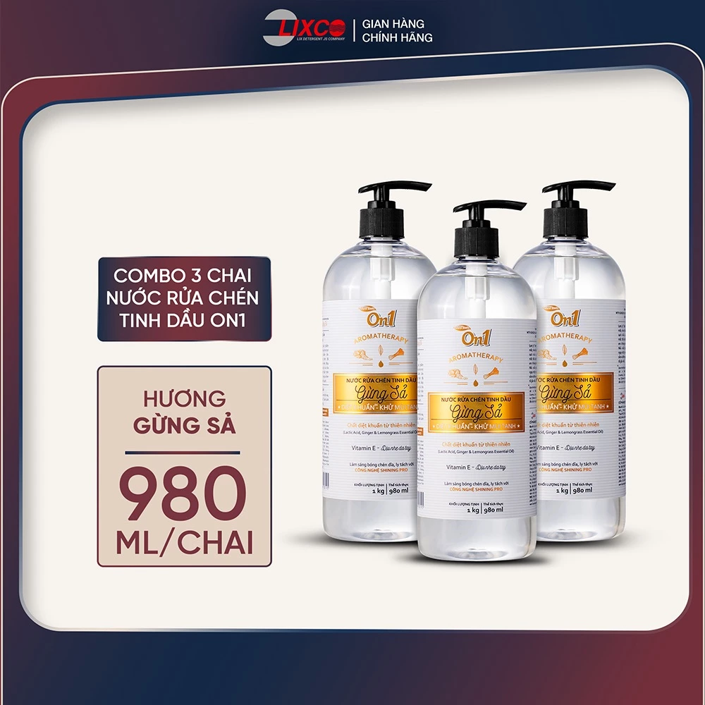 Combo 3 chai nước rửa chén On1 1kg/ chai tinh dầu hương gừng sả / gừng cam tổng dung tích 3kg