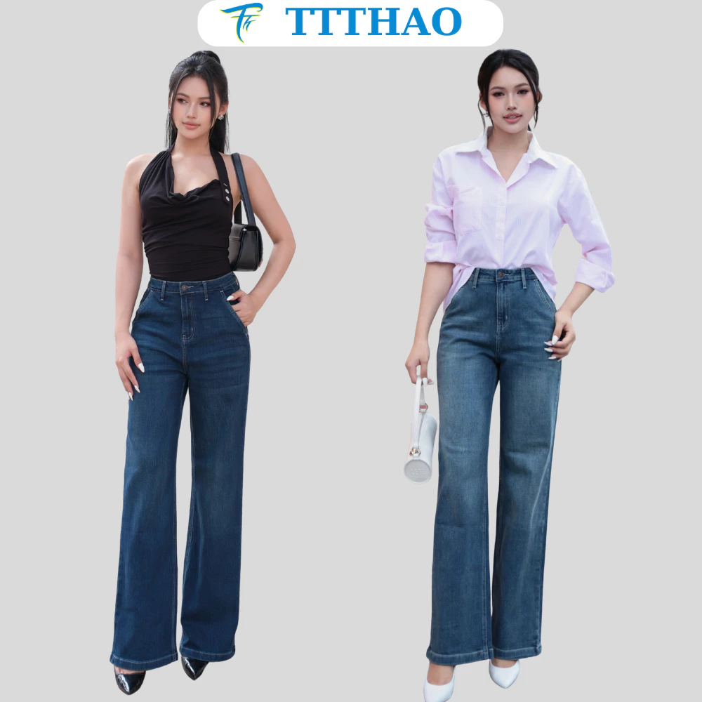 Quần jeans nữ ống suông TTTHAO cao cấp kiểu dáng quần jeans nữ ống rộng dài 103cm VNXK phong cách quần jean nữ basic J16