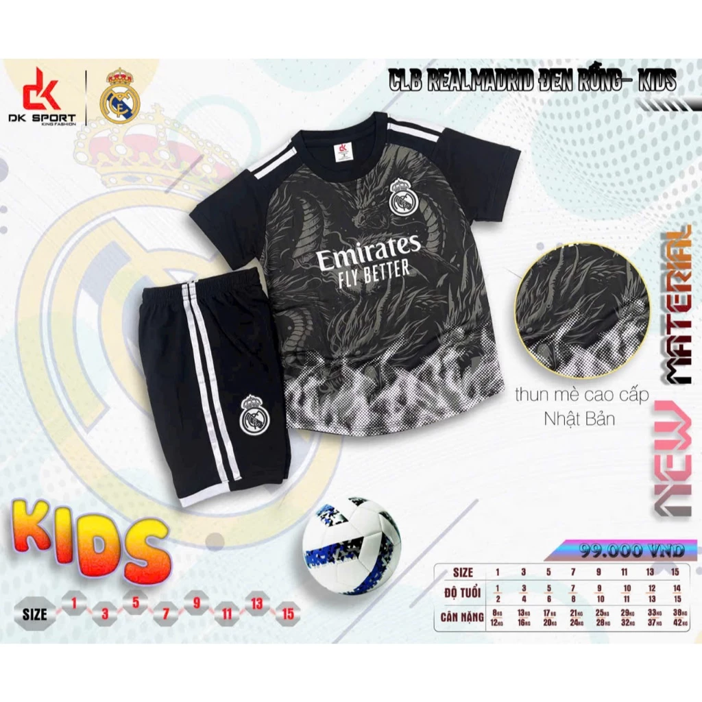 Bộ Quần Áo Đá Banh Real Đen Trẻ Em (Nhận In Tên Số) Thun Mè Cao Cấp Logo Thêu Kids Top Sport