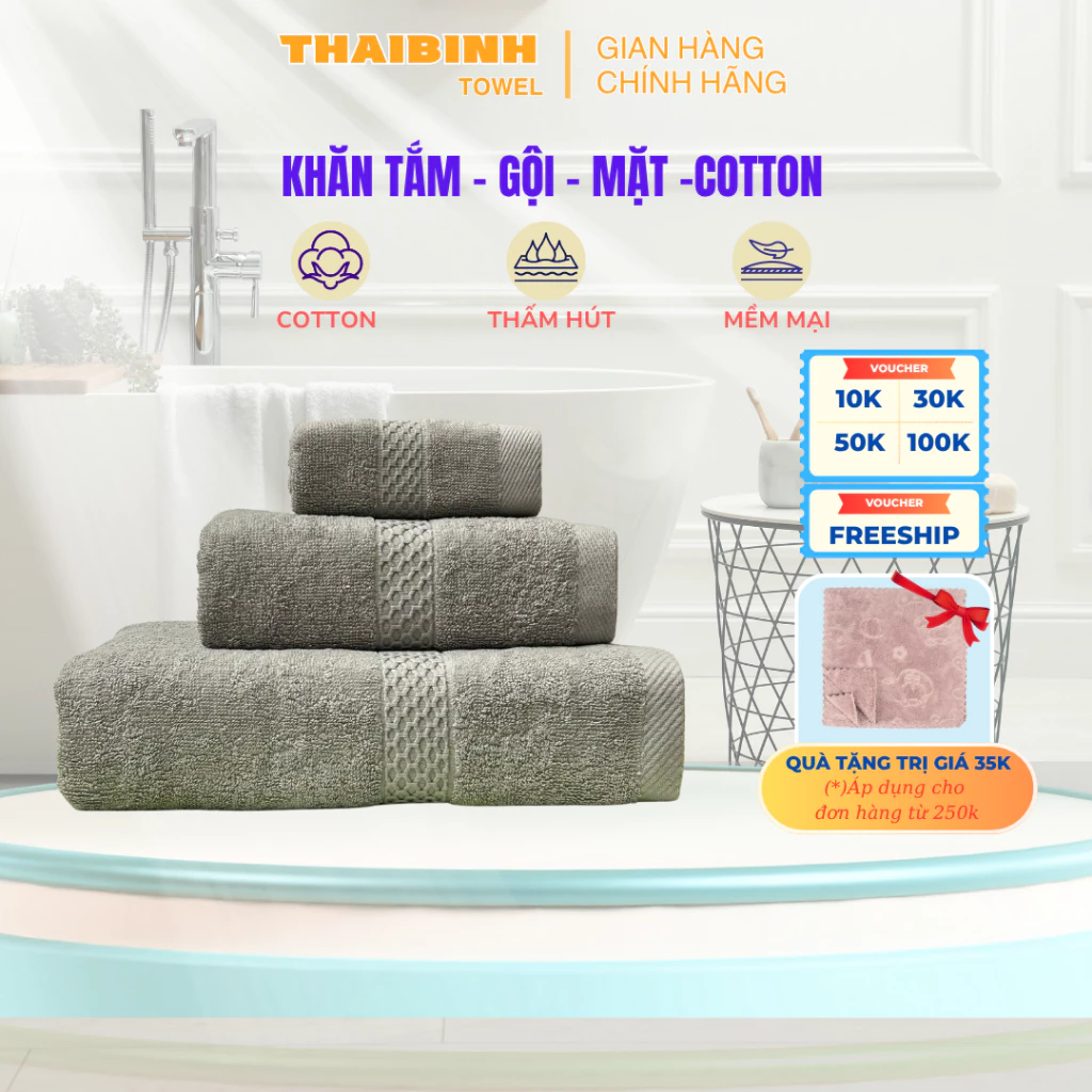Khăn Tắm, Gội, Lau Mặt THAI BINH TOWEL COTTON cao cấp Siêu Thấm Hút Siêu Mềm Mại Không Xù Bông