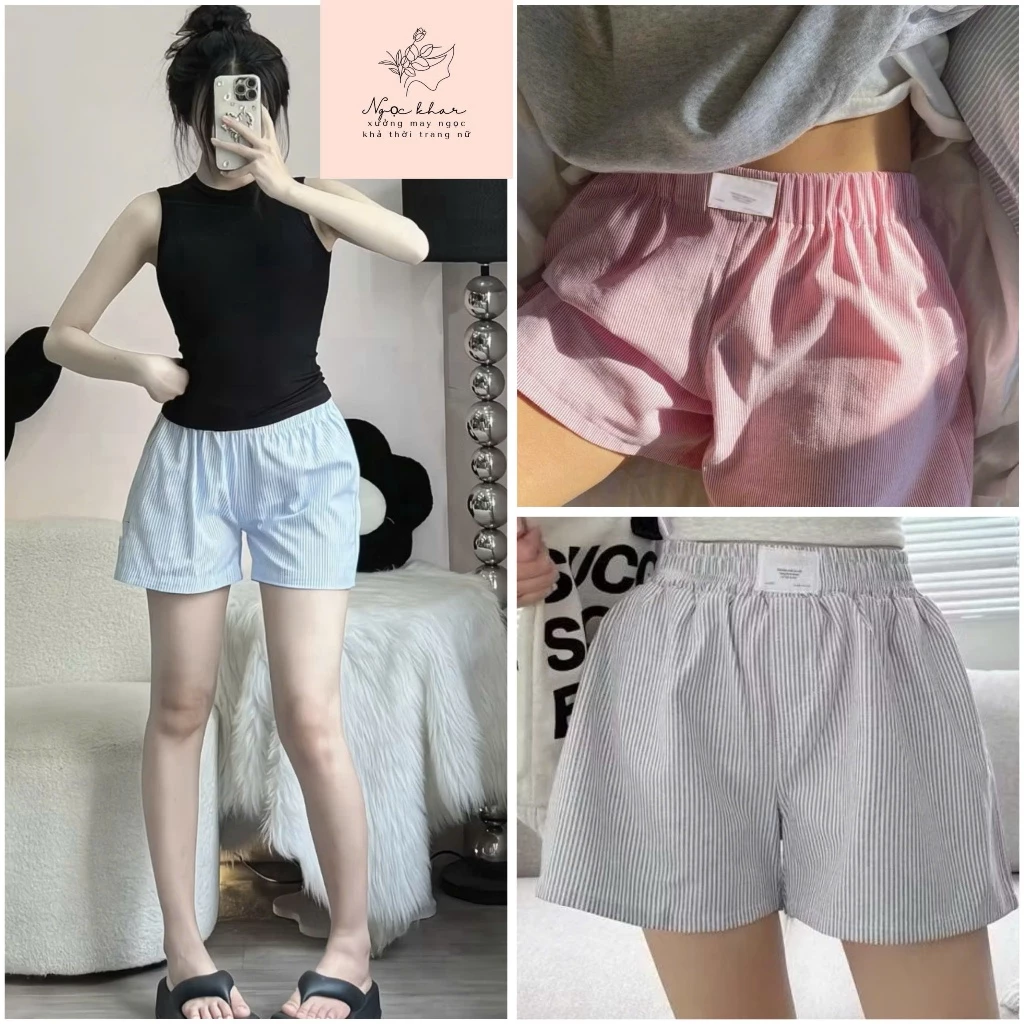 Quần Đùi Nữ Kate Basic Năng Động Họa Tiết Kẻ Sọc Lưng Chun Có Dây Rút