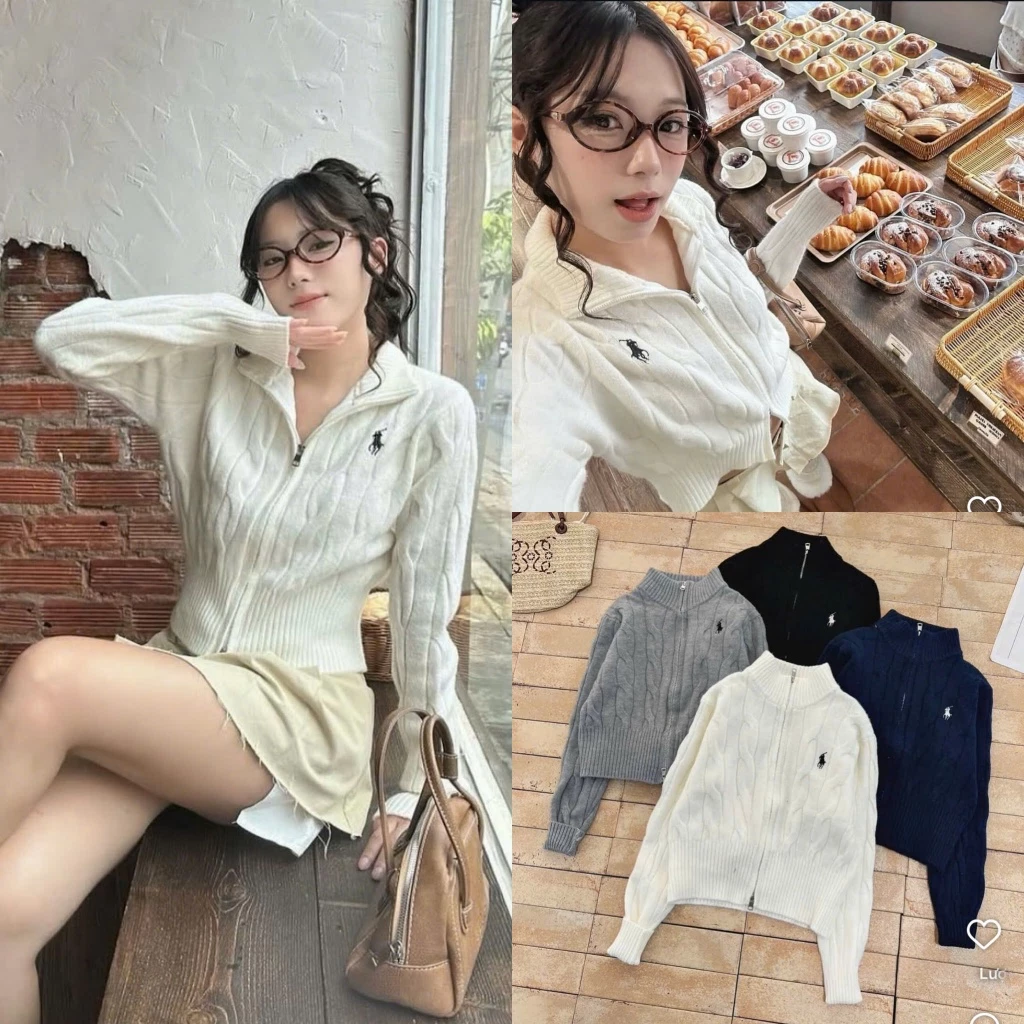 Áo khoác len nữ khóa kéo 2 đầu len vặn thừng hình thêu croptop cổ cao SUMIISHOP mã AL102