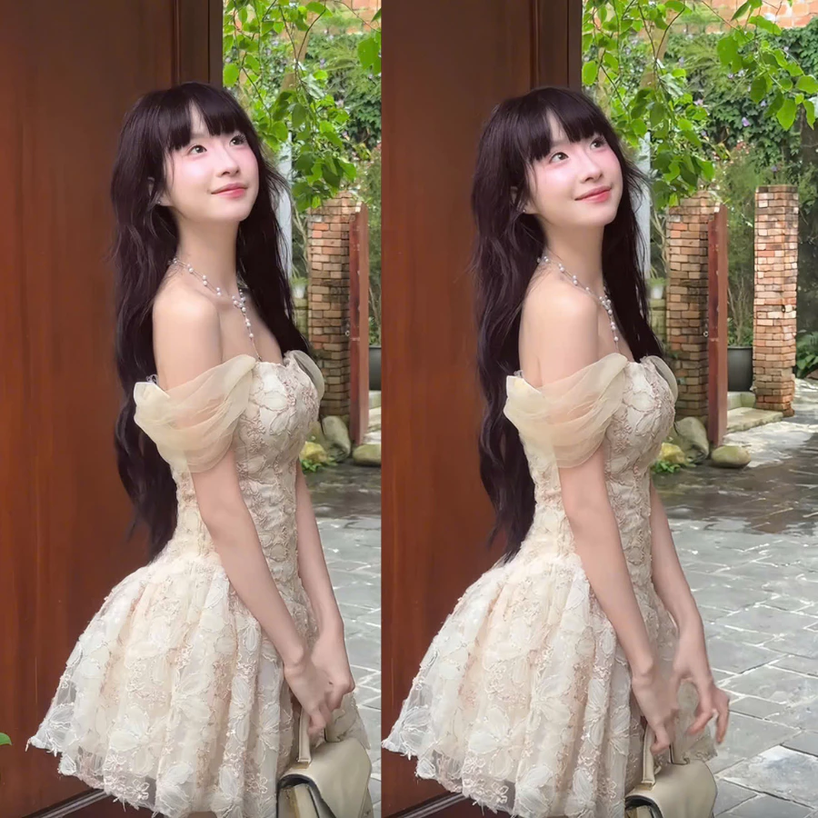 Đầm Trễ Vai Dự Tiệc, Đầm Xoè Dáng Ngắn (Kèm Quần Bảo Hộ) Phối Lưới Tay Phồng Cách Điệu Mặc Tiệc Cưới, Đi Chơi Tiểu Thư