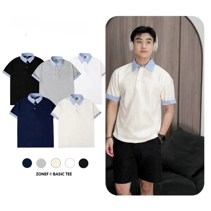Áo Polo Nam Nữ Phối Cổ Sơ Mi Unisex Chất Cotton Tổ Ong, Cổ Bẻ Kẻ Sọc Xanh Basic Thanh Lịch