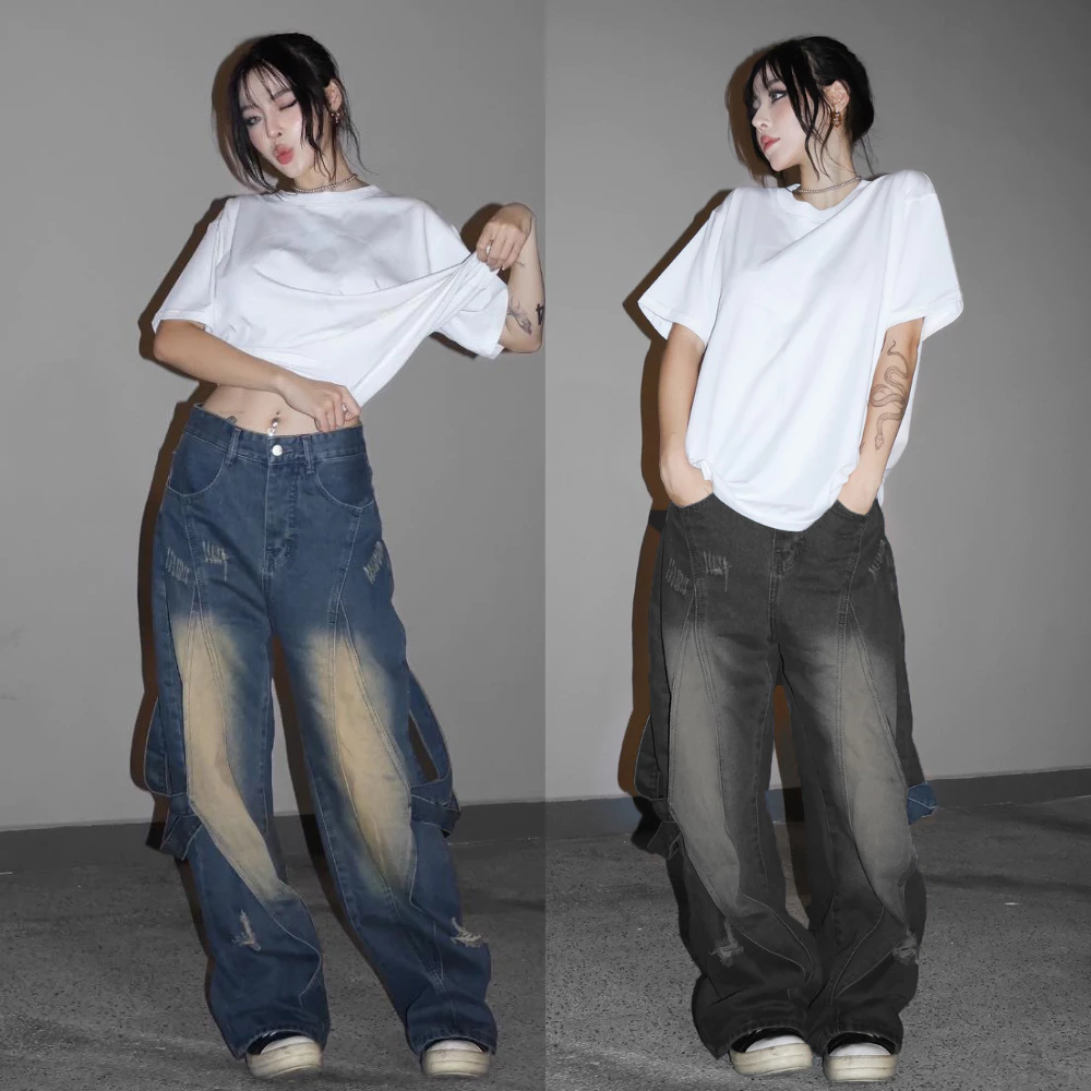 Quần jeans unisex nam nữ phối dây, quần ống rộng phong cách cá tính dễ phối đồ, hợp trend năng động - NAGUU