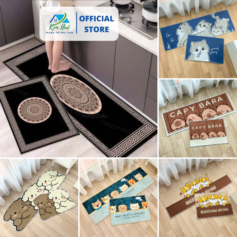 Bộ 2 tấm thảm trải bếp lau chùi chân 3D nỉ lì bali in hình gấu dâu hồng Lotso cây hoa lá X02