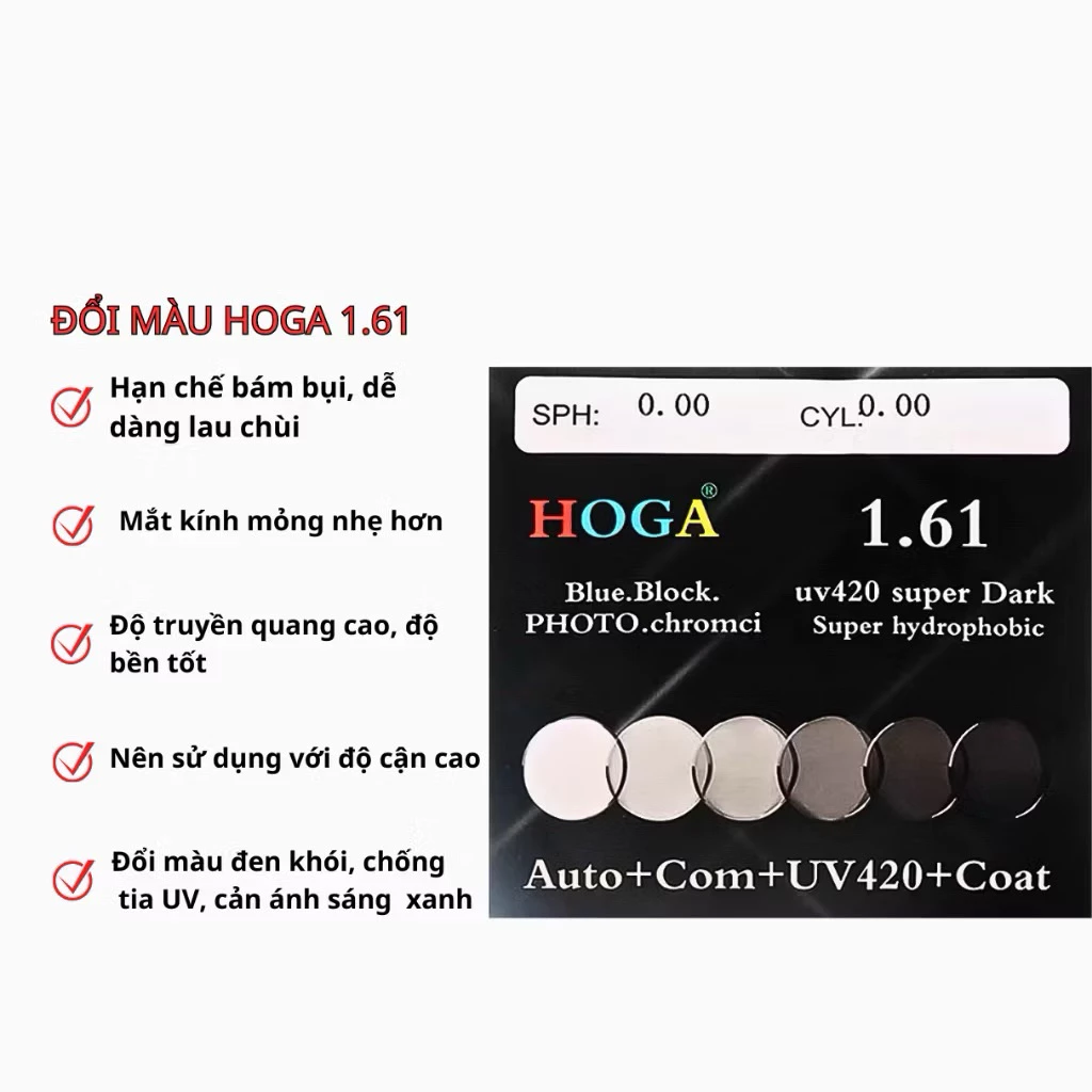 Tròng đổi màu cận - loạn chống ánh sáng xanh, tia uv hãng Chemi, Hoga Jolie eyewear