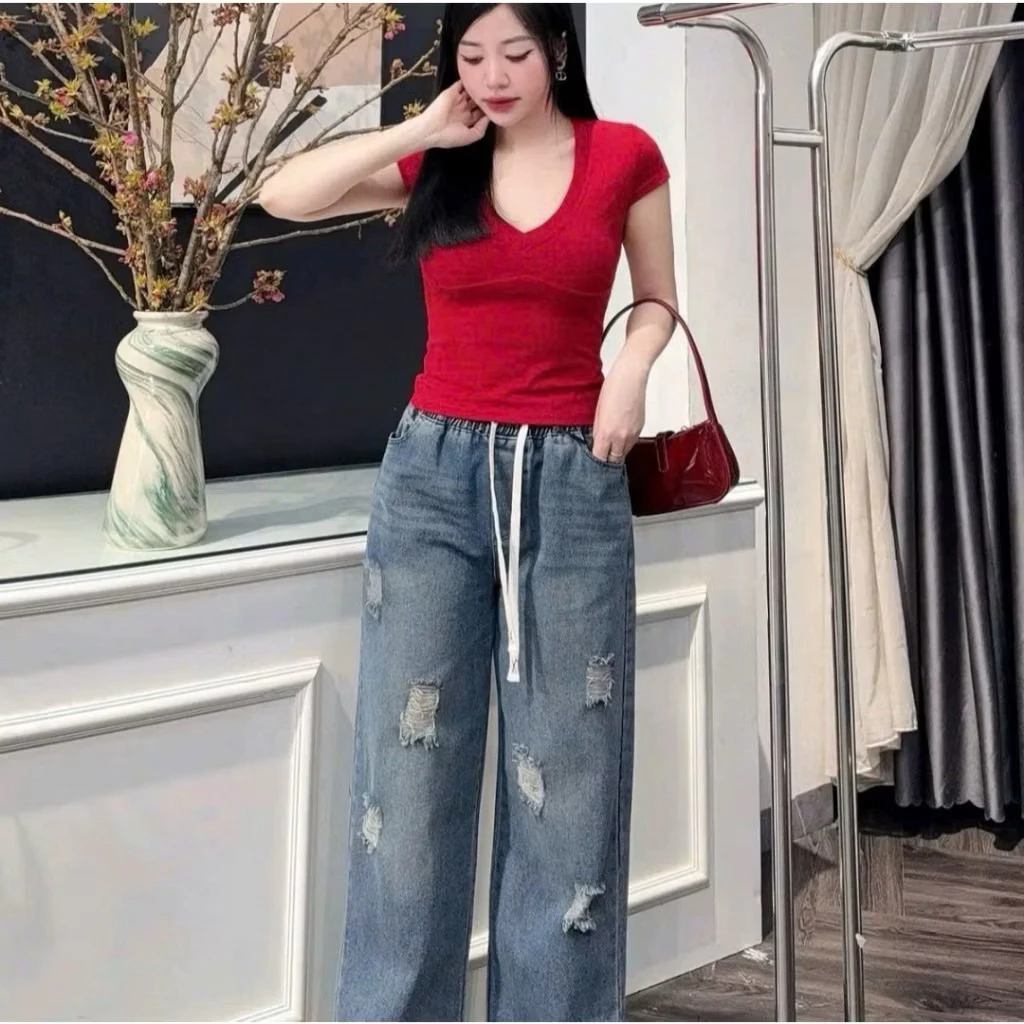 Quần jean xuông nấm rách dài 90-95cm chất dày mềm mặc 4 mùa (Rách)