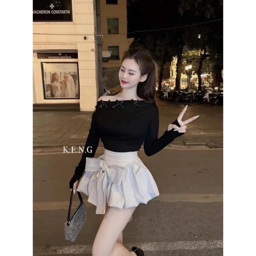 Chân váy nơ bồng đính nơ bản to có quần trong hottrend. Mặc được hai kiểu nơ trước hoặc nơ sau