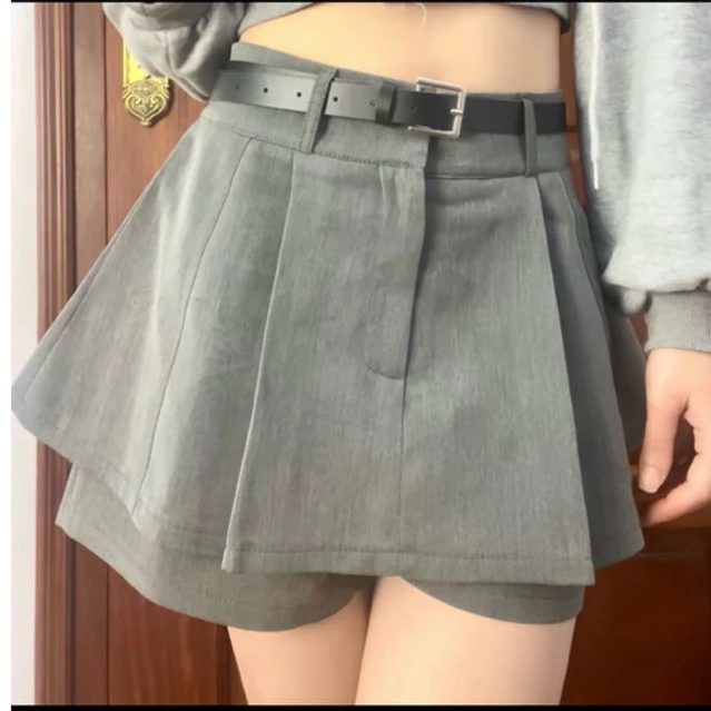 [ Tặng Kèm Đai ] Quần váy thiết kế hai tầng có quần short bảo hộ chống lộ, cạp lưng cao khóá kéo cho nữ