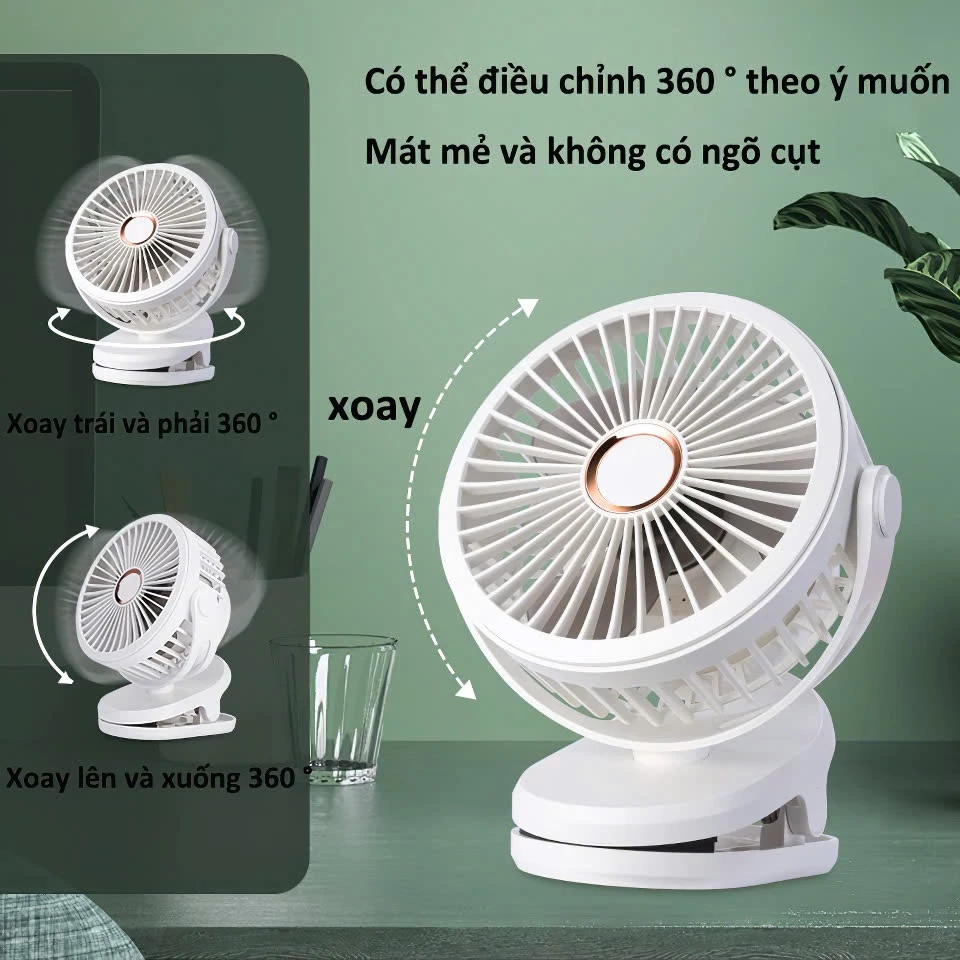 [LOẠI TO ĐẸP] Quạt Kẹp Tích Điện Để Bàn Đa Năng, Quạt Sạc Mini Kẹp Bàn Xoay 720 Độ