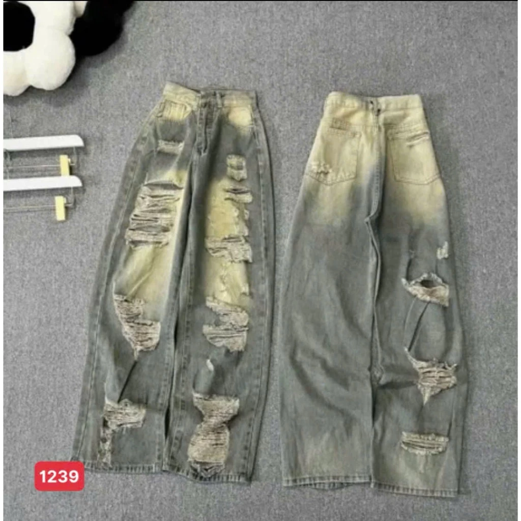 Quần jean Nữ Suông Lưng Cao, Quần Baggy Jean Nữ Phối Rách chất bò mềm thời trang trẻ trung - MQ1239
