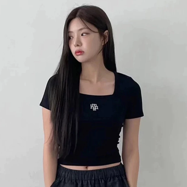 MUAHMUAH  Phiên bản ngắn Top Square Neck Tay áo ngắn Top ngắn T  Cô gái nóng bỏng ăn mặc Hàn Quốc ngắn tay áo