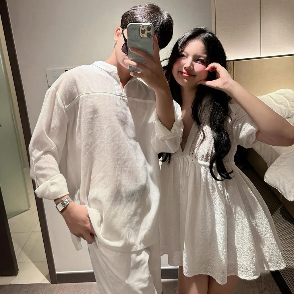 (S-64)[ GIÁ CẢ CẶP] Set đồ đôi nam nữ couple váy babydoll cổ V và áo sơmi nam cổ tàu , đồ đôi mặc cùng người yêu