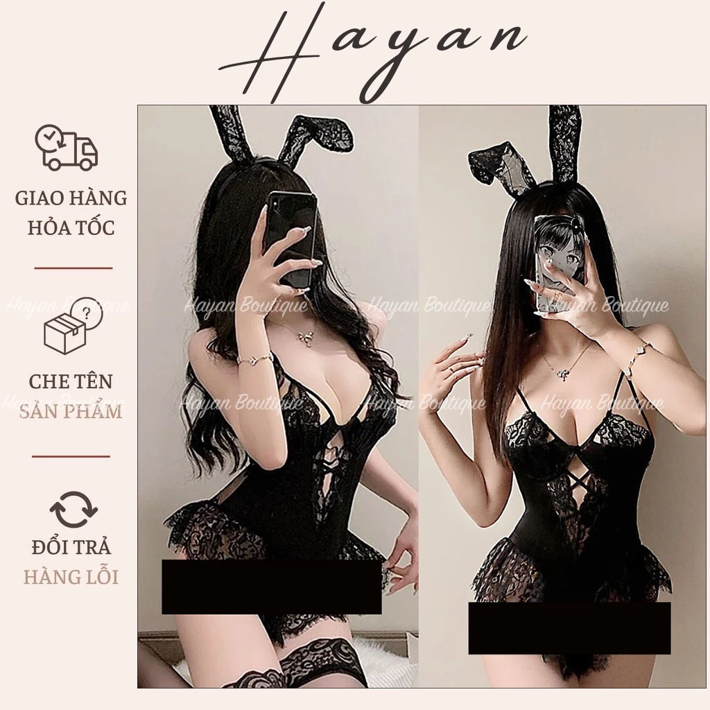 CP43 Bộ Cosplay Jumsuite cổ xẻ ren bèo hông kèm bờm thỏ quyến rũ gợi cảm CP43