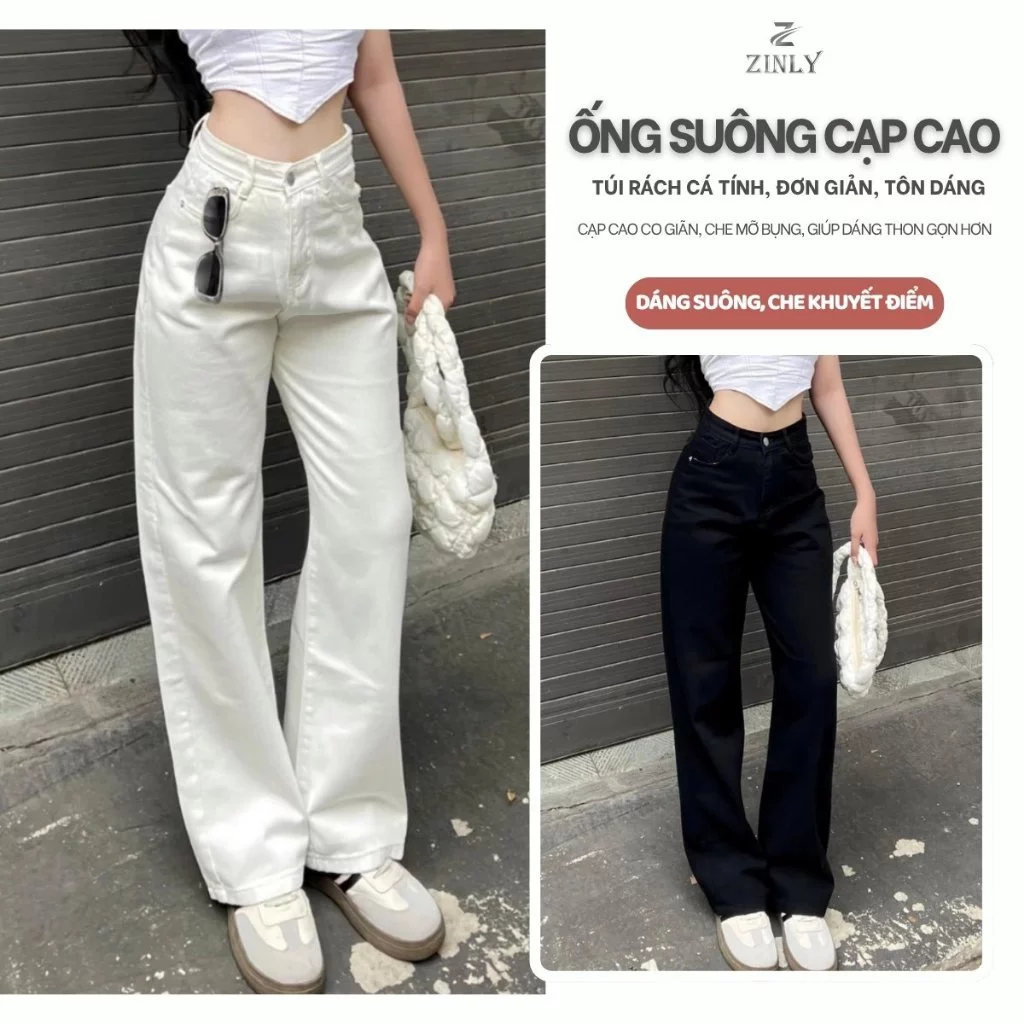 Quần Jean Nữ Ống Suông Cạp Cao ZINLY Màu Trắng Đen Trơn Đơn Giãn Dáng Rộng Vừa Chất Cotton Không Co Giãn Q322