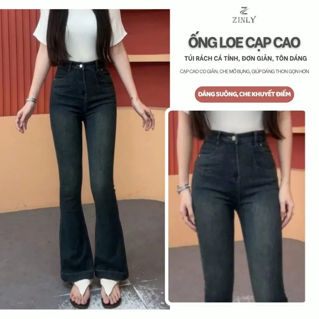 Quần Jean Nữ Ống Loe Ngắn Và Dài Cạp Cao Túi Bầu Màu Đậm Q354