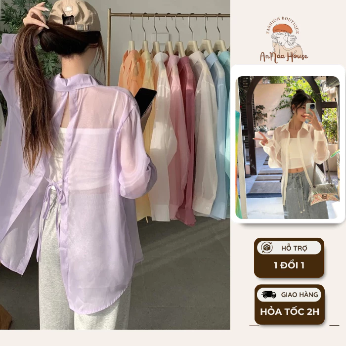 Áo sơ mi nữ voan ANNA HOUSE áo voan bèo tiểu thư mỏng khoác ngoài xẻ lưng buộc nơ đi biển